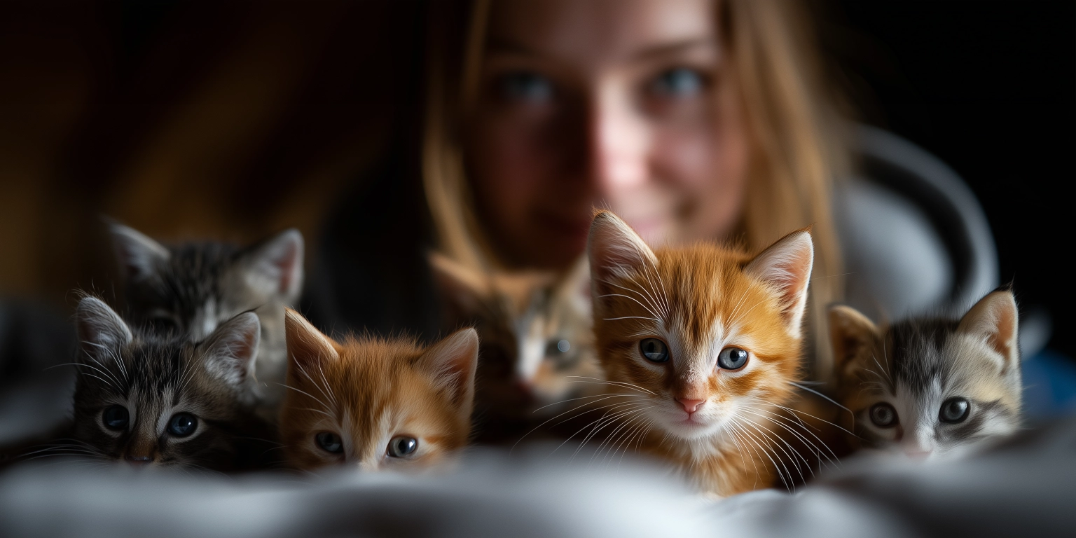 A large litter of mixed-colour kittens resting on a bed with a smiling owner blurred in the background, highlighting the importance of responsible pet ownership and professional cat desexing.