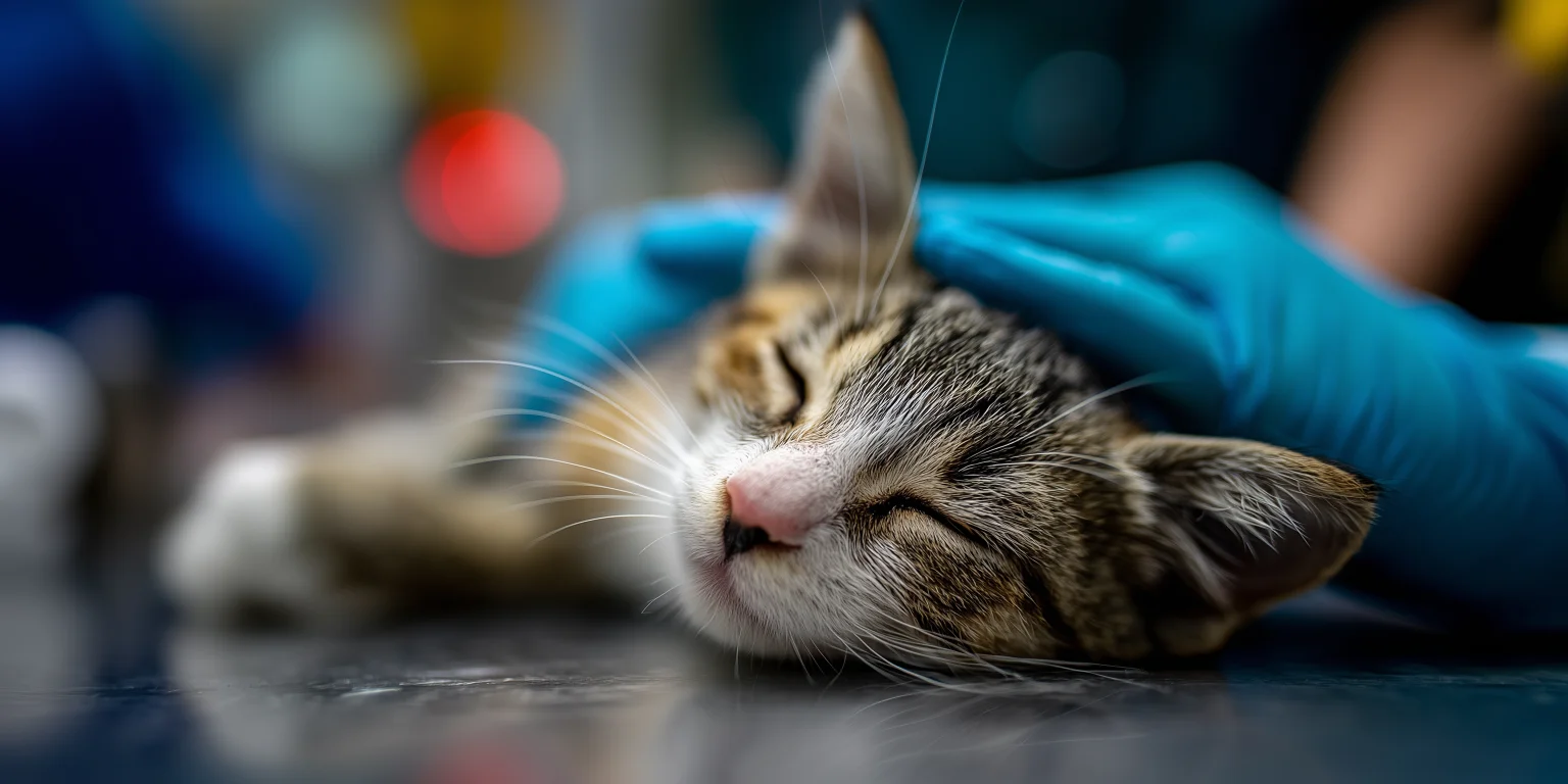 A close-up of a sleeping tabby cat being gently held by a vet wearing blue gloves, representing the compassionate care provided during pet surgical procedures.