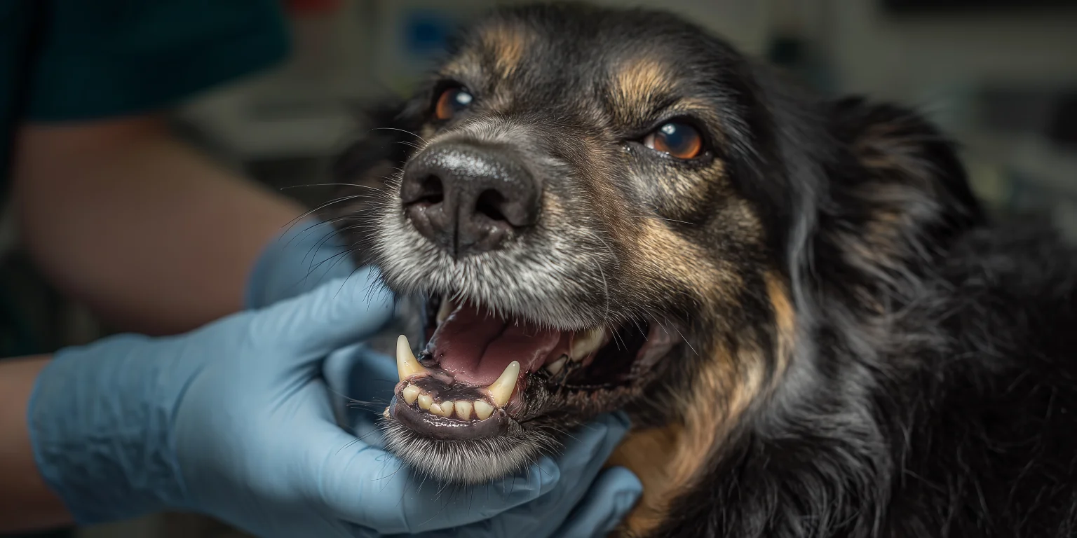 A close-up of a vet in blue gloves gently examining an older black and tan dog's teeth, highlighting the importance of professional pet dental care.
