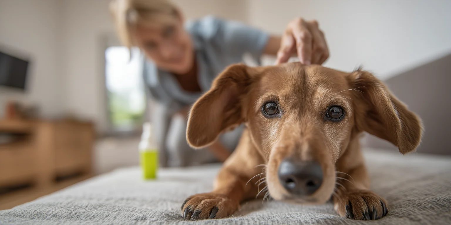 A close-up of a relaxed brown dog while its owner parts the fur on its neck, illustrating the easy application of routine flea and tick prevention.